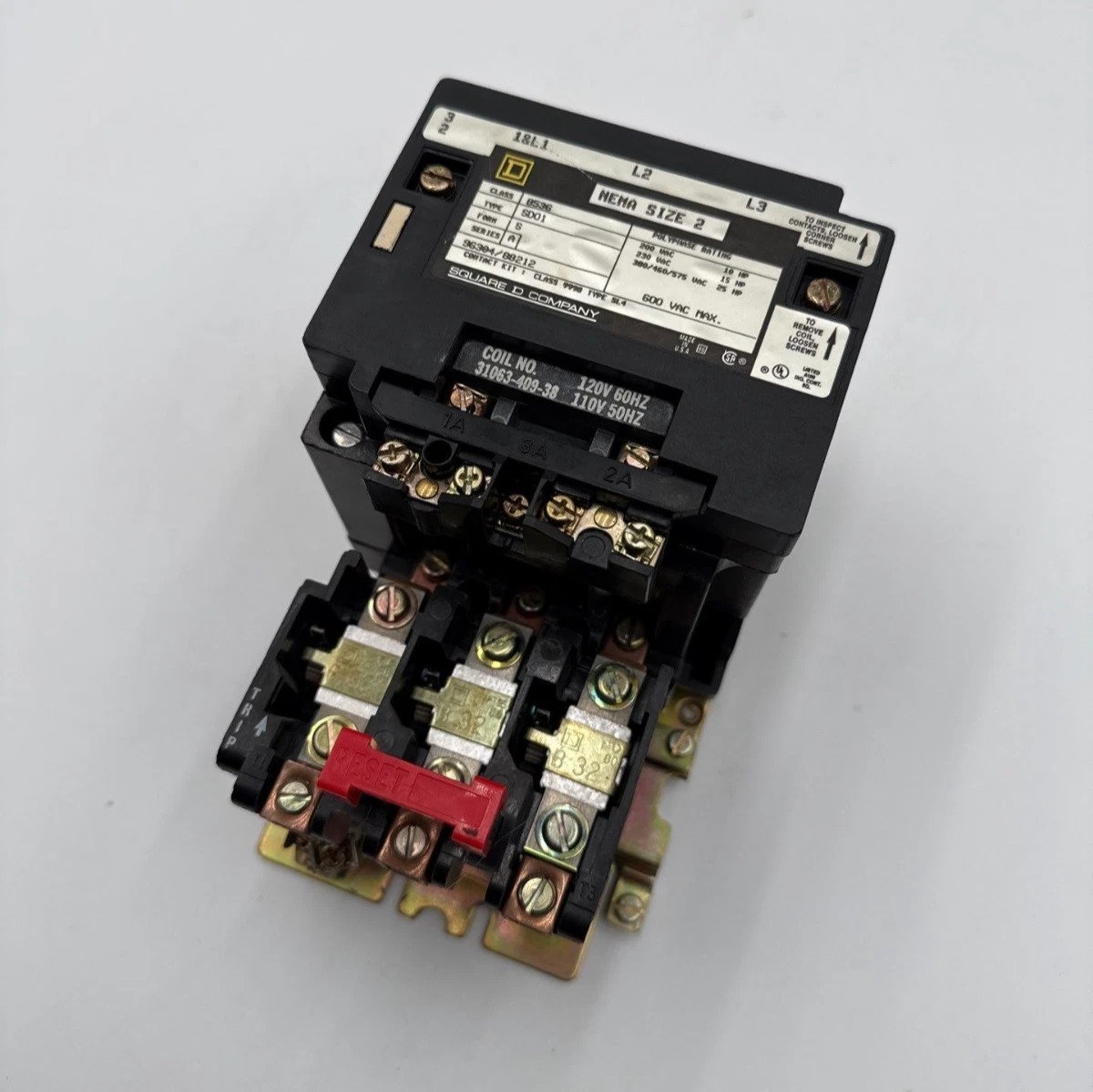 Square D #8536SDO1, 8536SD01 NEMA Size 2 Starter, 110/120 Volts Coil, 3-Pole, 600 Volts, 25 HP, 31063-409-38