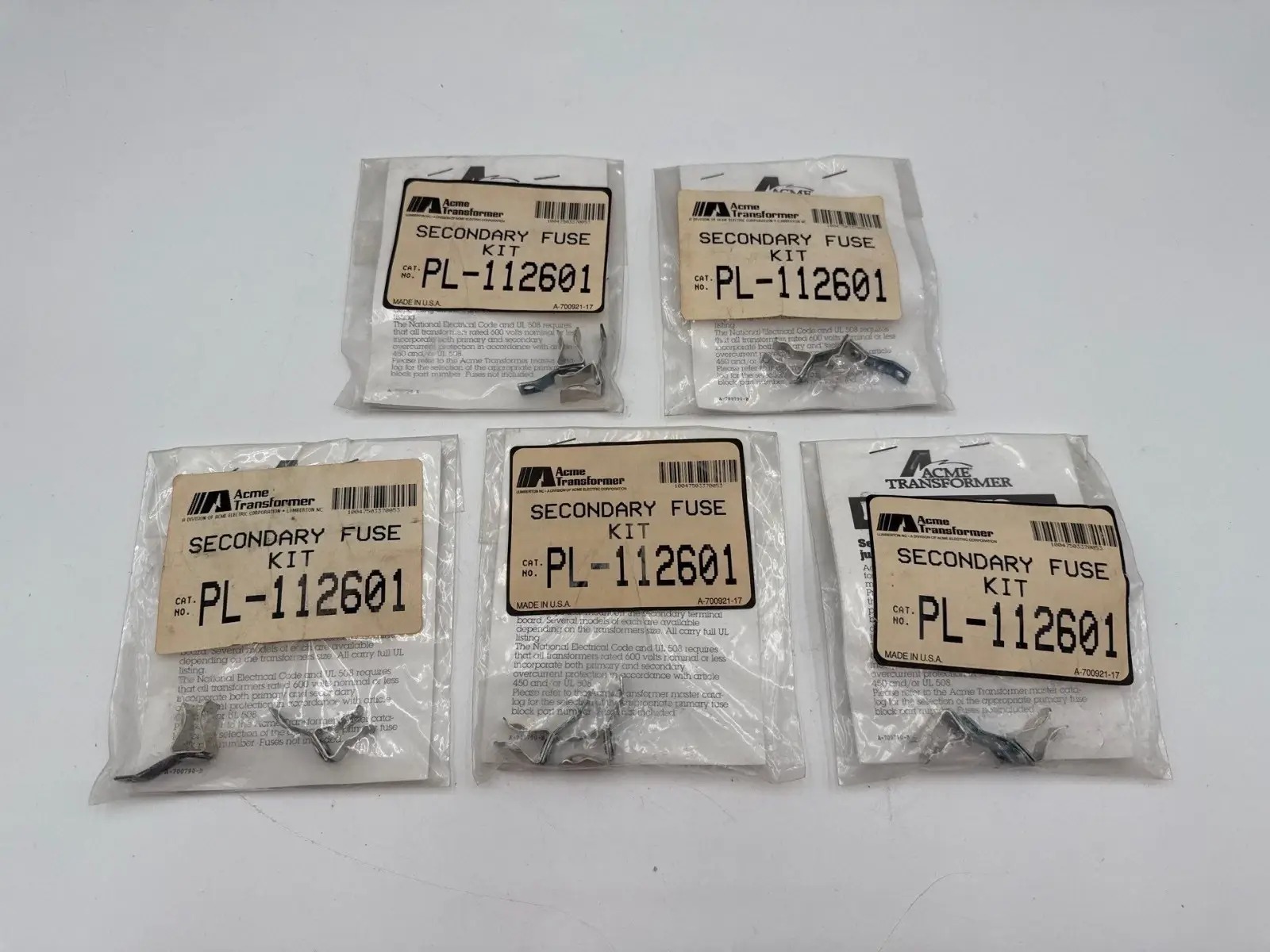 Acme #PL-112601, Transformer Secondary Fuse Kit For 13/32" x 1-1/2", NEW, LOT of 5