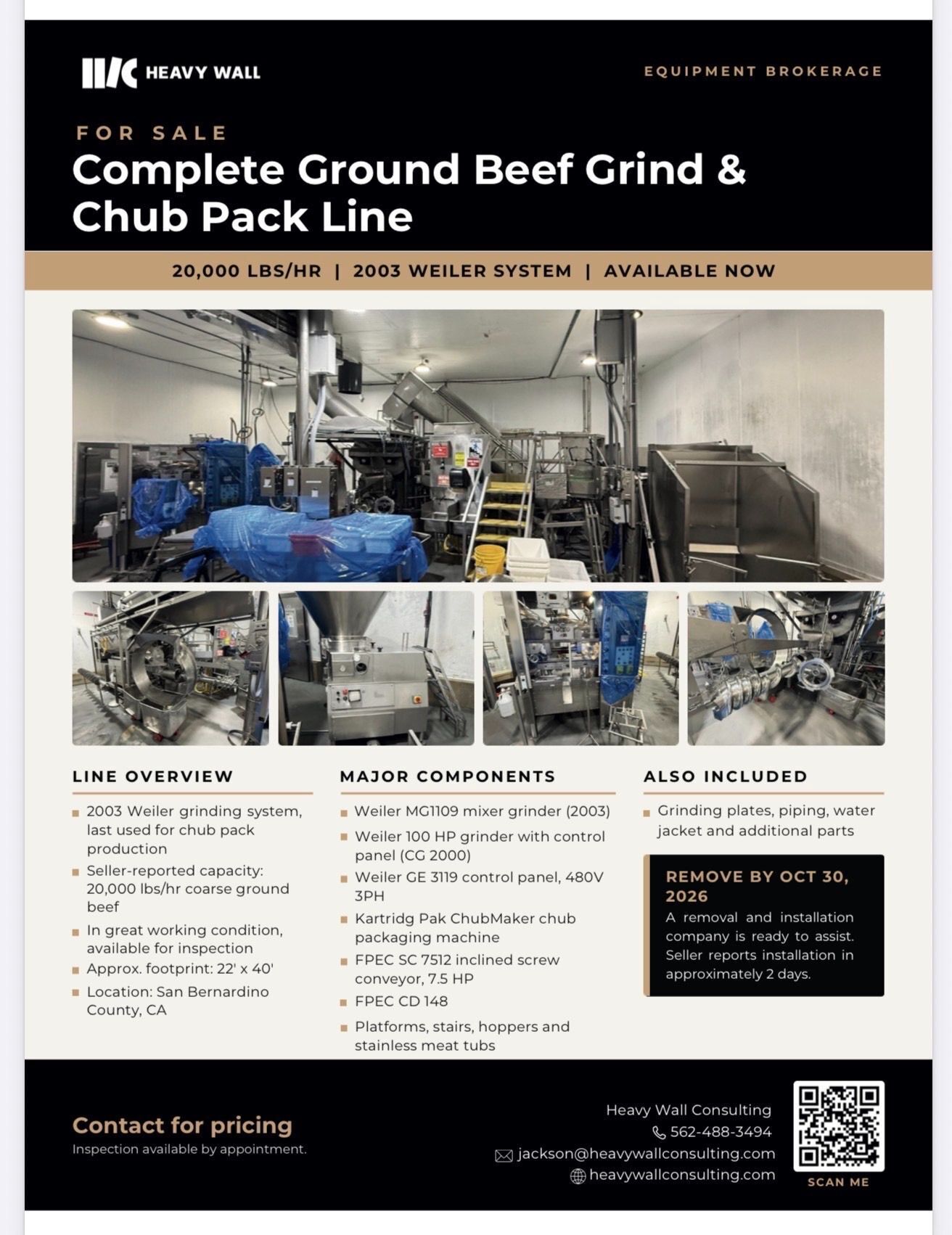 Weiler #1109, Ground Beef Grinding & Chub Pack Line, 20,000 lb./hr., MG1109 mixer grinder, 100 HP grinder