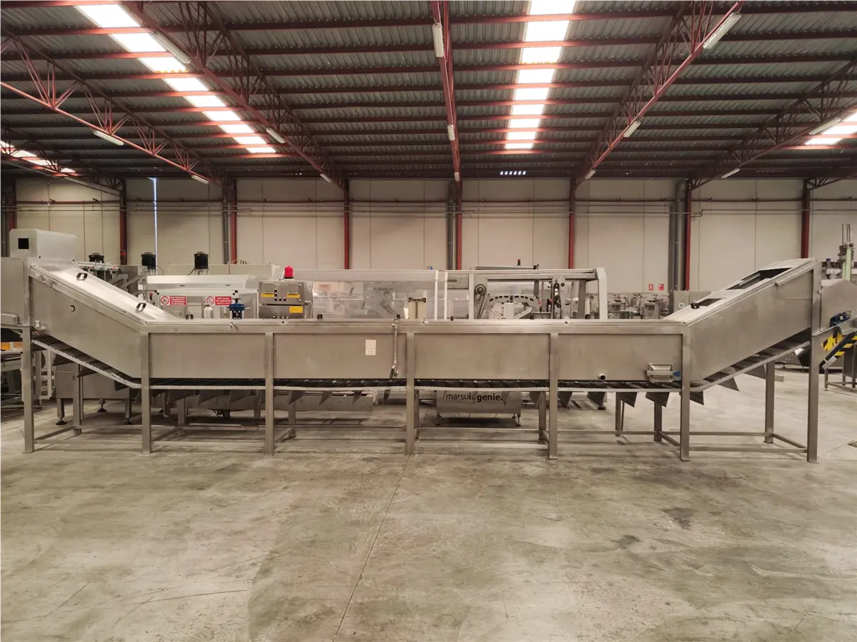 Stainless Steel Continuous Steam Blancher, 27-9/16" perforated belt x 30.8' L, 6-11/16" paddles, 70-7/8"