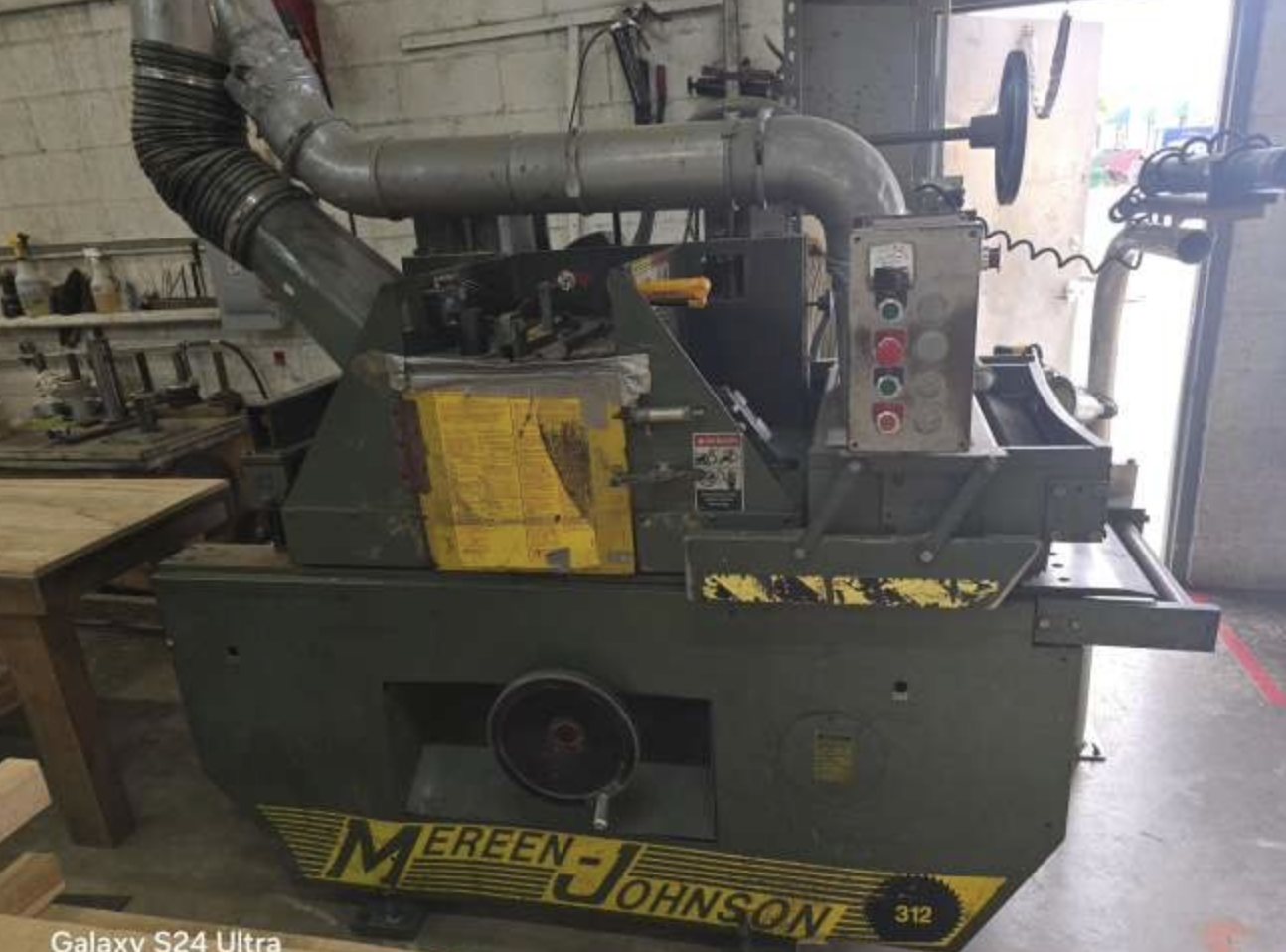 12" Mereen Johnson #312-DC, Gang Rip Saw, 3-1/2" max thickness, 12" saw sleeve, laser guide, 50 HP