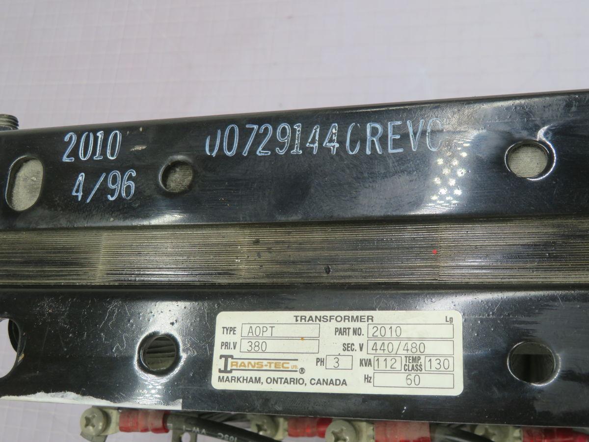 112 KVA 380 Primary, 440/480 Secondary, Trans-Tec A0PT, transformer, 3 phase, 60 Hz
