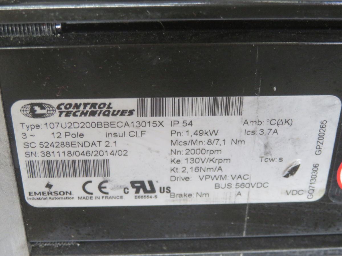Emerson #107U2D200BBECA13015X, motor servo, 2000 RPM, 400 Volts CA, 2 HP, 1.49 KW