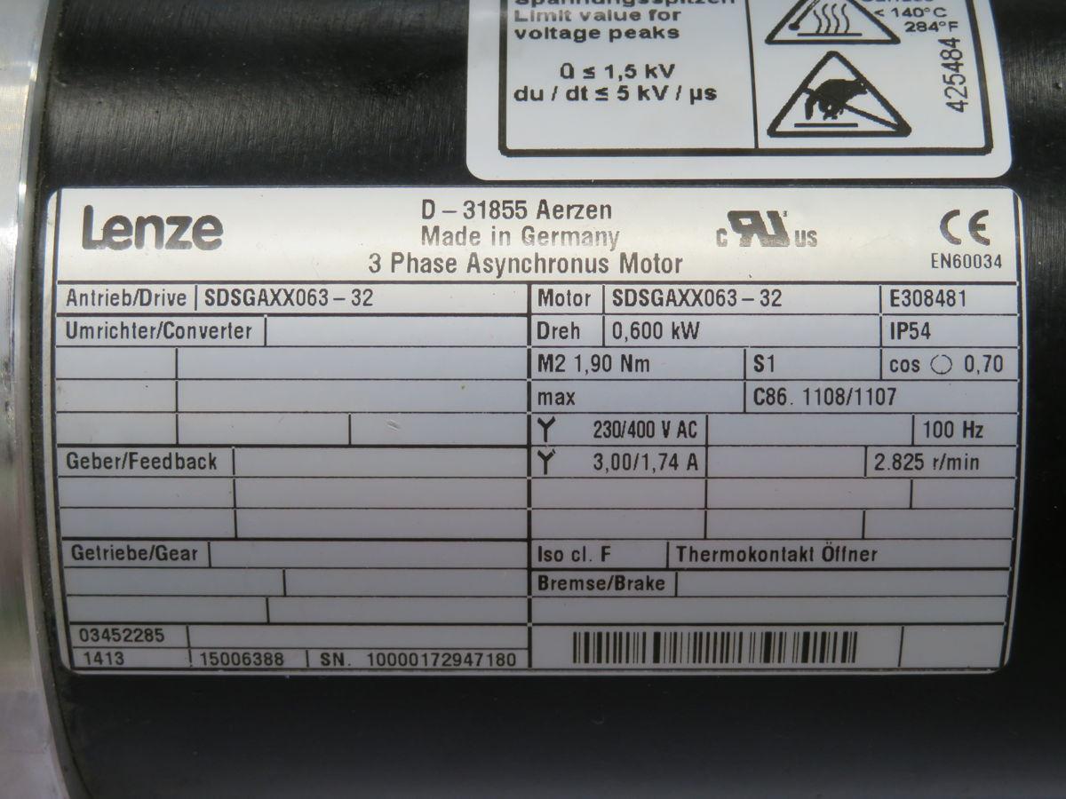 Lenze #SDSGAXX063-32, asynchronous servo motor, 0.6 KW, 2825 RPM, 230/400 Volts