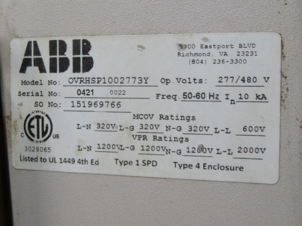 ABB #OVRHSP1002773Y, type 2 surge protective device, 480Y/277 Volts, 100 KA, NEMA 1