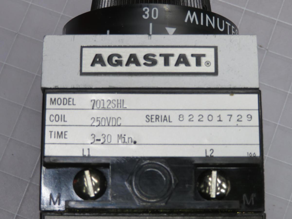 Agastat #7012SHL, 7000 series on-delay time delay relay, 2PDT, 250 Volts DC coil, 3-30 min., aux switch