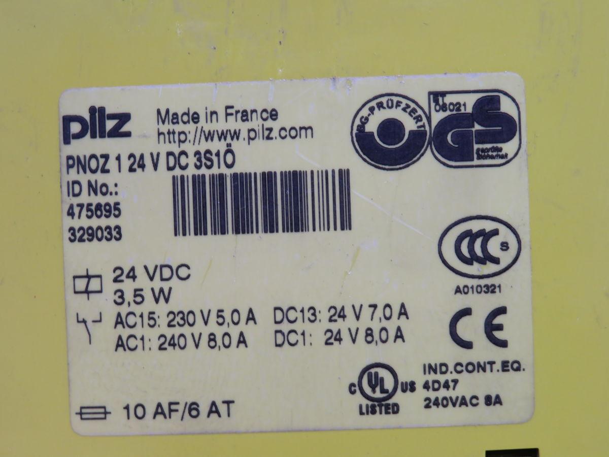 Pilz #PNOZ-1, safety relay, 24 Volts DC coil, 3S1O, 5 Amp, 230 Volts AC