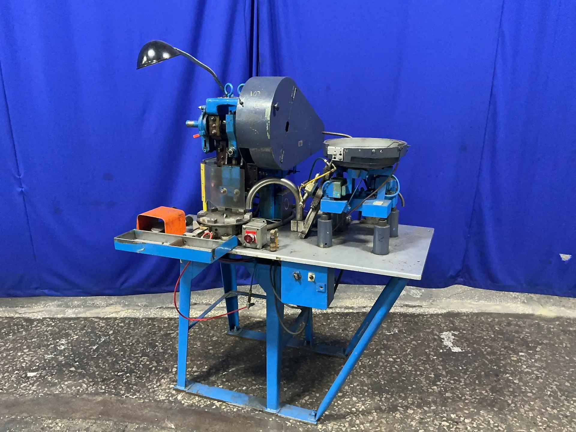 5 Ton, Perkins #5-C, mechanical press, HT50 indexing table, vibratory bowl, 1-1/4" stroke, 6" Shut Height