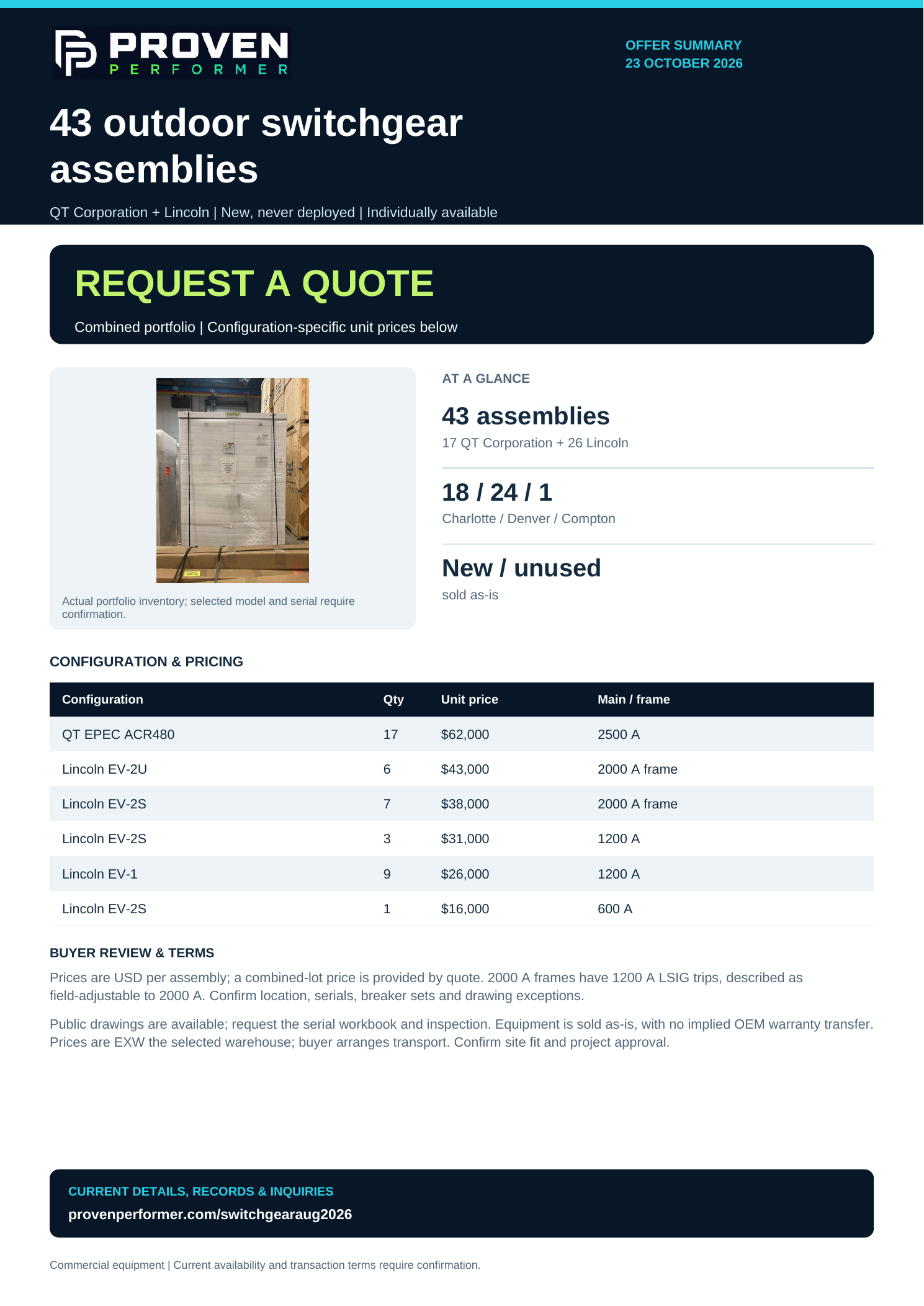 600-2500 Amps, Qt Corporation / Lincoln Electric Products #EPEC ACR480 / EV-1 / EV-2, Outdoor Switchgear