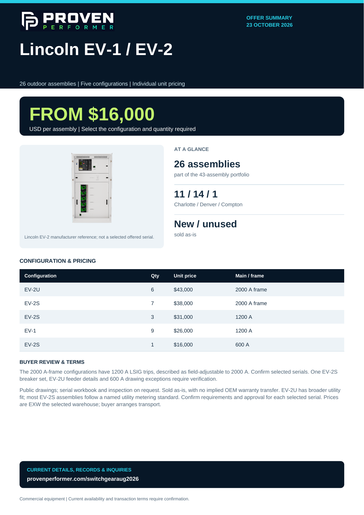 600-2000 Amps, Lincoln Electric Products Co. #EV-1/EV-2, Outdoor Switchgear, 600 - 2000 Amp Frames, NEW