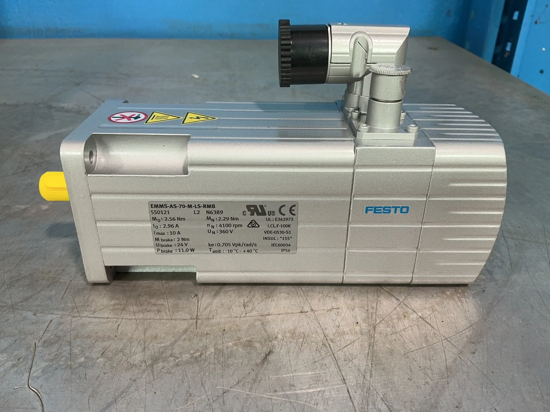 Servomotor síncrono de CA sin escobillas Festo #EMMS-AS-70-M-LS-RMB, 4100 RPM, 10 A, 360 Volts