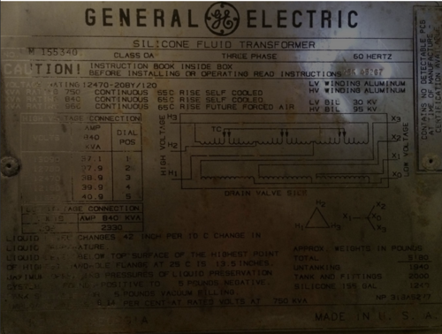 750/960 KVA 12470 Delta Primary, 208Y/120 Secondary, General Electric