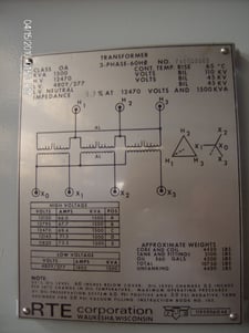 1500 KVA 12470 Delta Primary, 480Y/277 Secondary, RTE