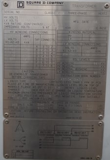 1000/1150 KVA 12470 Delta Primary, 208Y/120 Secondary, Square D