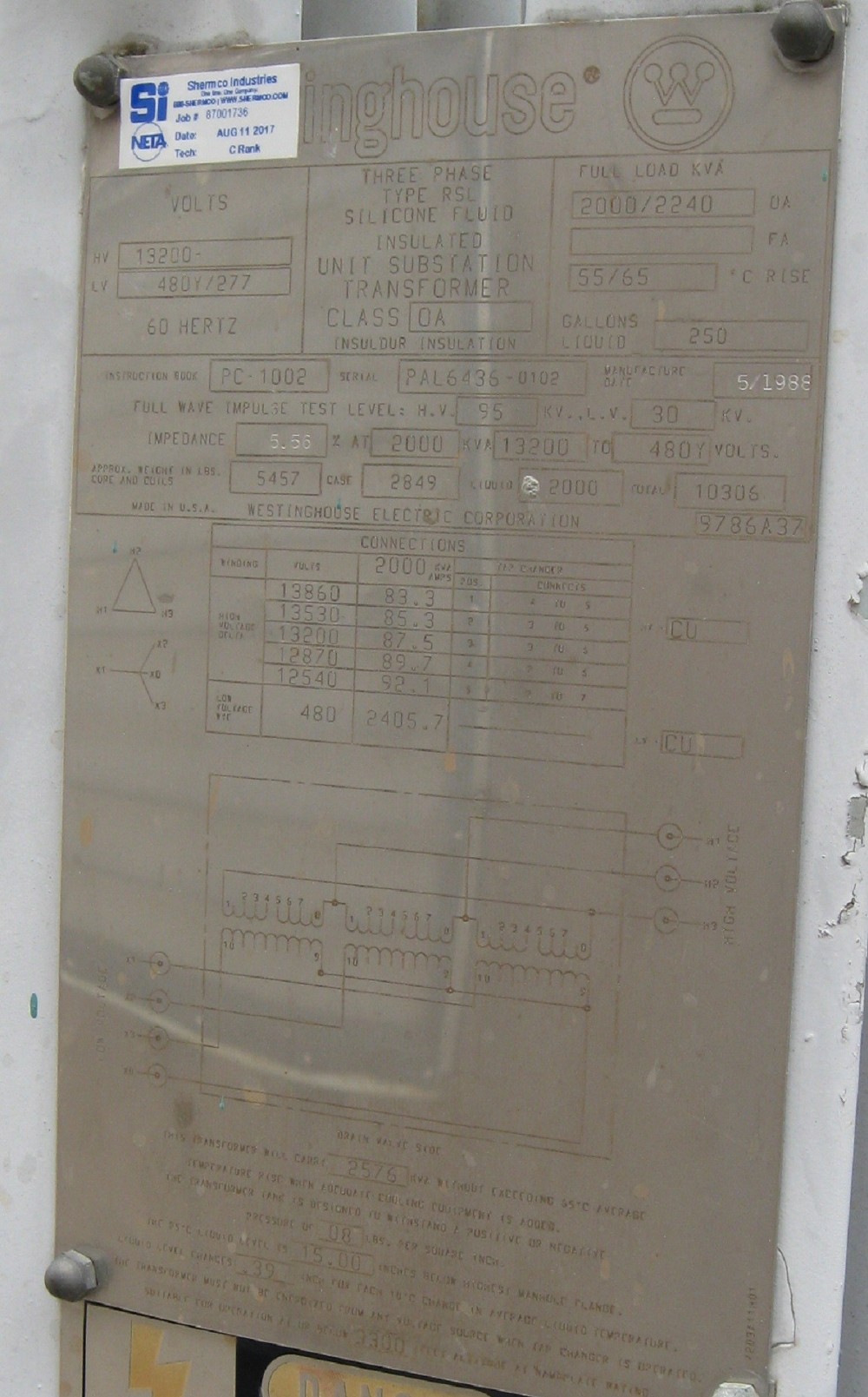 2000/2240 KVA 13200 Delta Primary, 480Y/277 Secondary, Westinghouse