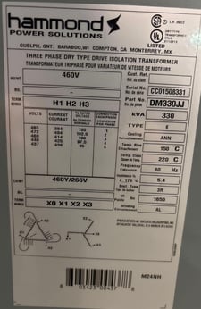 330 KVA 460 Delta Primary, 460Y/266 Secondary, Hammond, Nema 3R, Dry-Type, New and Reconditioned, (6