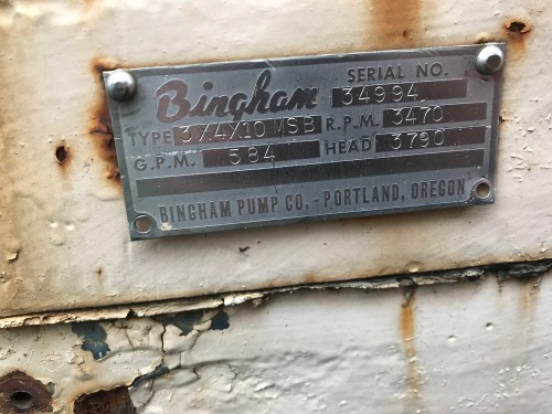 584 GPM @ 3790' TDH, Bingham, 3x4x10 MSB, 10 STG Carbon Steel (slv/ball), 3470 RPM