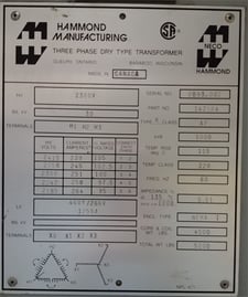 1000 kVA, 2300 Delta Primary, 460/266 WYE Secondary, Hammond Dry Type