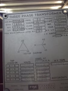 1250 KVA 6900 Delta Primary, 208Y/120 Secondary, Dry type, core & Coil, (2) 2.5% A+BN taps