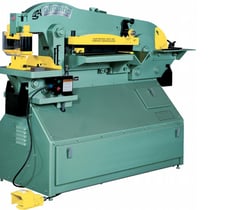 5" x 5" x 1/2" Piranha #P90, hydraulic ironworker, 90 ton, 10" throat, 10 HP, automatic hold down, new