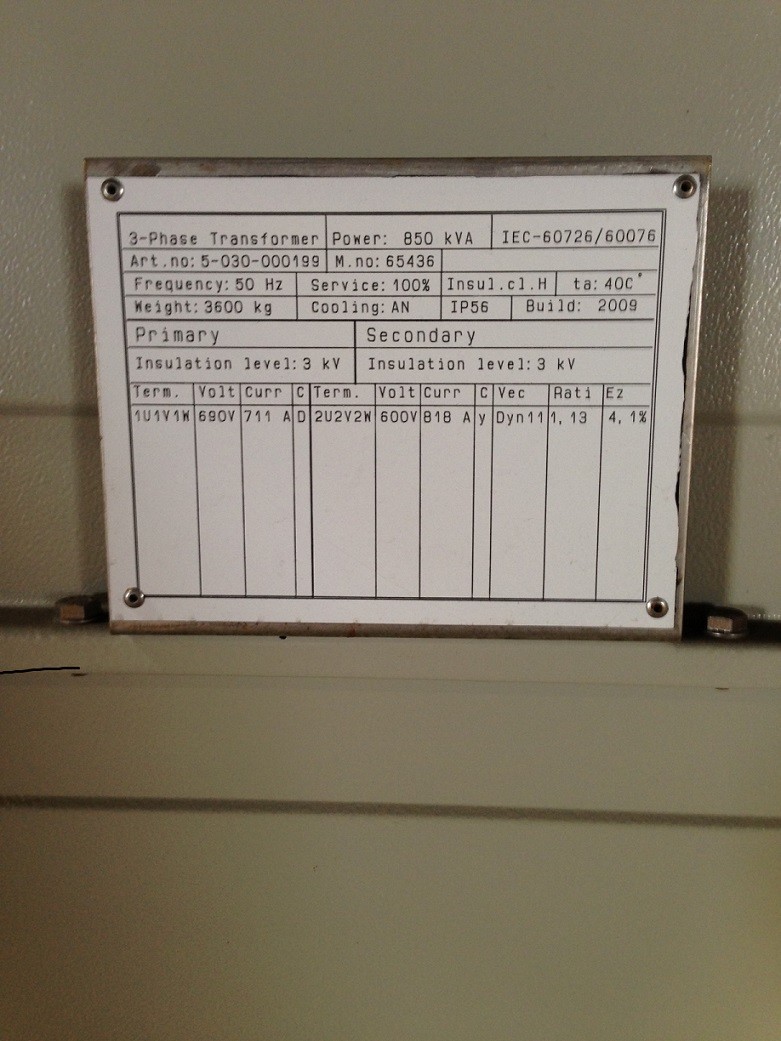 850 KVA 690 Delta Primary, 600Y/347 Secondary, Dry