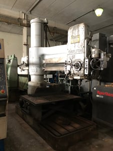 6' -9" Carlton radial arm drill, power elevation & clamping, box table, coolant system