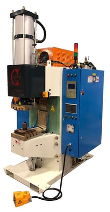 Heron #DR-45000, 45kJ capacitor discharge projection welder, 12"-15-7/8" throat, foot switch & dual palm