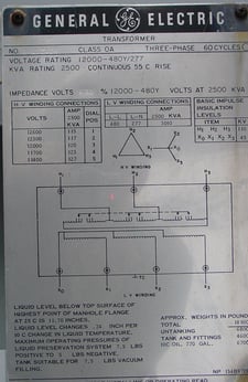 2500 kVA, 12000 Delta Primary, 480 WYE Secondary, General Electric Substation