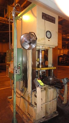 70 Ton, Denison, hydraulic C-frame press, 12" stroke, 24" daylight, 28" x20"bed, palm buttons