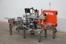 Nita #XP200T, front, back and wrap labeler with 120" long x 4" wide Stainless Steel container conveyor with