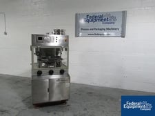 6.5 Ton, BWI Manesty #Unipress-Diamond, 27 station, keyed upper punch guides, 1-ton pre-comp, 16mm max tablet