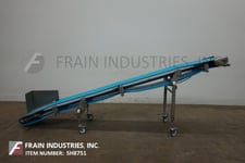 18" wide x 12.9' long, Inclined Stainless Steel conveyor, 8-1/2" infeed height, food grade belt, 56"