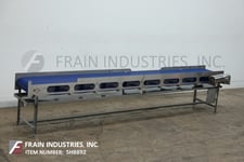 19" wide x 13.4' long, Stainless Steel table top conveyor, Intralox belt, 1 HP drive, mounted on leveling legs