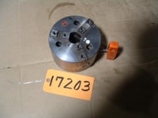 6" Rohm #DURO-NC160, 3-jaw power chuck, 1-1/4" thru hole, tongue groove jaws, A1-5 back