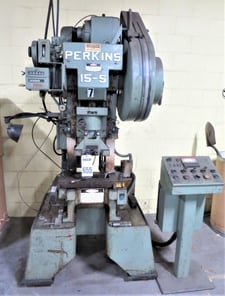 15 Ton, Perkins #15S, gap frame press, 1.5" stroke, 7.75" shut height, 2.25" adj., 200-800 SPM, 10" x20" bed