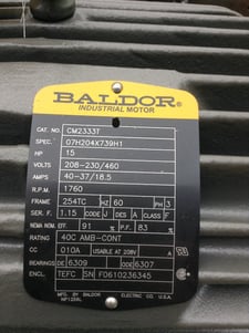 15 HP 1760 RPM Baldor, Frame 254TC, TEFC, new surplus, 230/460 Volts