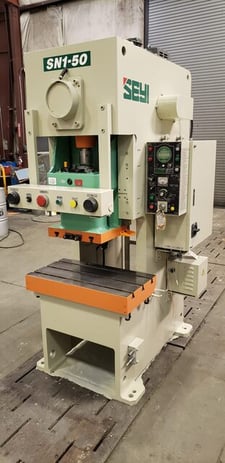 50 Ton, Seyi #SN1-50, 2.8" stroke, 9" Shut Height, 33" x17" bed, 60-120 SPM, reconditioned, under power, 2007
