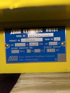 10 Ton, Wright #C3W10D036-15M4D1, electric hoist, 15/5 FPM, 38' lift, pendant controls