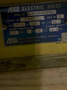 7 Ton, Wright #C3W07, electric hoist, 15/5 FPM, 59' lift, pendant controls, s/n #533-20-10351