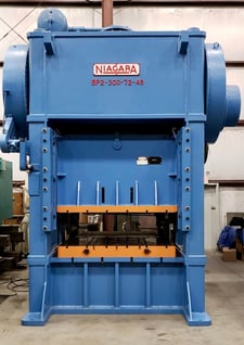 300 Ton, Niagara #BP2, straight side double crank, 5" stroke, 23" Shut Height, 72" x 48" bed, rebuilding the