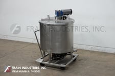175 gallon 304 Stainless Steel mixing tank with pump, skid mounted, 40" dia. x 34" deep, flip down lids