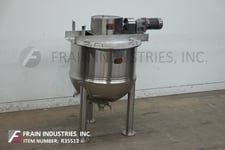Image for 150 gallon Lee #150D9MS, 316 Stainless Steel jacketed double motion kettle, 42" dia. x 39" deep with 20" straight wall, 90 psi, lift up covers, mounted on 3 leg frame