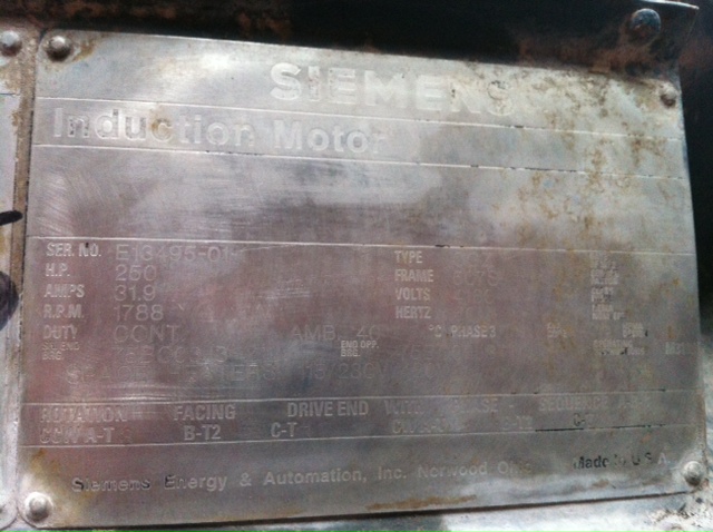 250 HP 1800 RPM Siemens, Frame 507S, TEFC, B/B 1.15 service factor, 4160 Volts