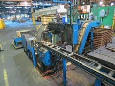 3-1/8" Wagner #200, Cutoff Saw, 12-1/2" blade diameter, 1200 FPM, entry feed table, chip conveyor, exit