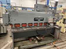 10 gauge x 8' Cincinnati #1008, mechanical power squaring shear, 36" BG, 60 SPM, 9 Hold downs, 5 HP