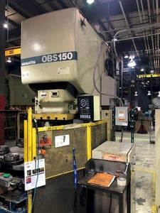 165 Ton, Komatsu #OBS-150-3, punch press, 9.8" stroke, 18.7" Shut Height, air clutch, 49.2" x 31.5" bed, 1995