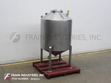 350 gallon 304 Stainless Steel cone bottom tank, 48" dia. x 65" deep, 18" manway, mounted on 4 legs