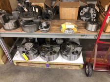 6" Samchully (110mm flat), 10" (A2-8), 12" (A2-11) 15" (A2-15) 3-jaw hydraulic chucks, new