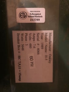 Oakley #H-5, Oscillating Double Sided Edge Sander, 7.5 HP -1800 RPM, (2) 8-1/2" x 57-1/2" platens, 8" x 164"