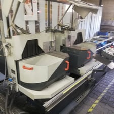 Elumatec #DG-104, Automatic Double End Miter Saw, 3500 mm min. cutting length, 4500 mm profile, 420 mm blade